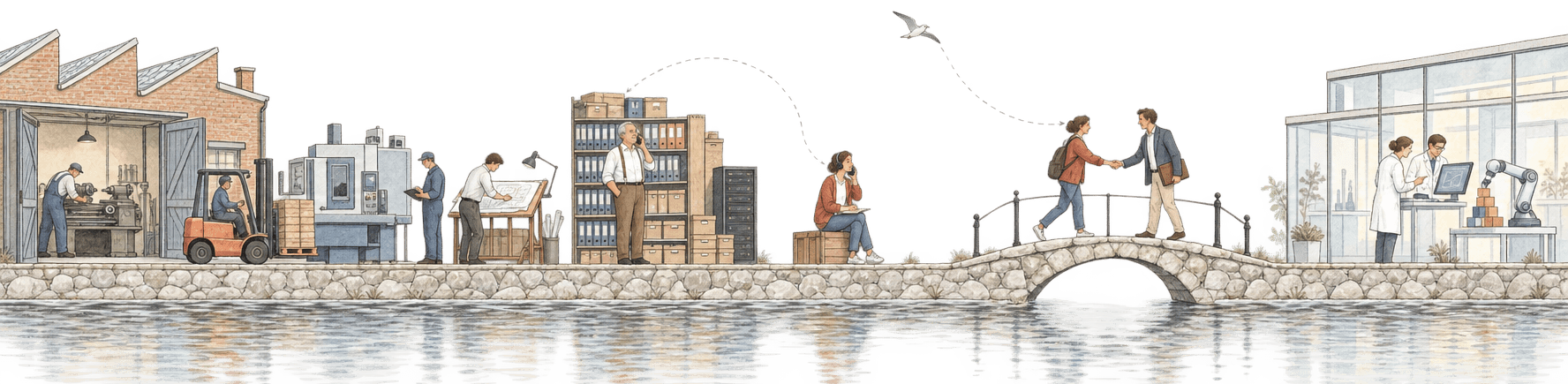 A brick workshop, an owner with decades of archive binders on the phone, a caller, a handshake on a stone bridge and researchers in a glass lab, all along one canal.