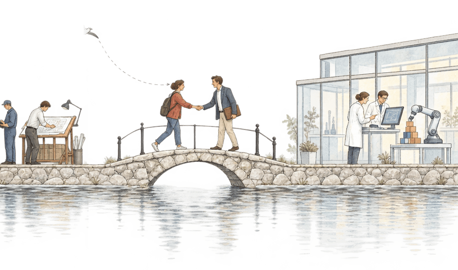 An engineer at a drafting table, a warm introduction on a stone bridge, and researchers in a glass lab beside a canal.